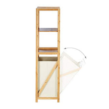 Relaxdays 10022210 Scaffale a Colonna per il Bagno con Cestino Portabiancheria, Bambù, 3 Ripiani, HxLxP 130 x 37 x 33 cm, Marrone