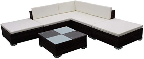 Set di divani da giardino, set di mobili da giardino e terrazza, 2 divani angolari, 1 divano centrale, 1 divano singolo, 1 ottomano, 1 tavolino centrale, 5 cuscini seduta e 6 cuscini schienale