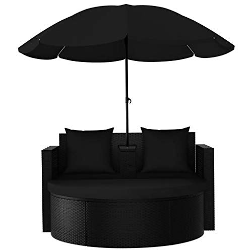 Ausla Lettino Prendisole in Polirattan con Ombrellone Sdraio Giardino con Un poggiapiedi Rimovibile per Spiaggia/Giardino/Patio/Piscina -Nero