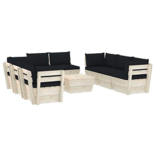 SKM Set Divani da Giardino su Pallet 9 pz con Cuscini Legno Abete (179.1kg) Nero-3655