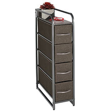 mDesign Comodino multiuso con 4 cassetti – Organizer in stoffa, metallo e legno – Cassettiera snella e ideale per camera da letto, corridoio o dispensa – grigio scuro