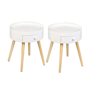 WOLTU Set di 2 Comodini per Camera da Letto Comodino Rotondo con Cassetto Tavolino da Salotto in Legno Bianco TS111ws-2