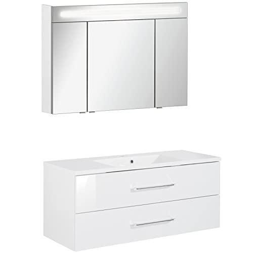 Fackelmann – Set di mobili da bagno B. Clever 2 pezzi 120 cm Bianco con mobiletto da bagno con lavabo in marmo e armadietto a specchio LED