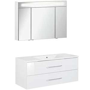Fackelmann – Set di mobili da bagno B. Clever 2 pezzi 120 cm Bianco con mobiletto da bagno con lavabo in marmo e armadietto a specchio LED