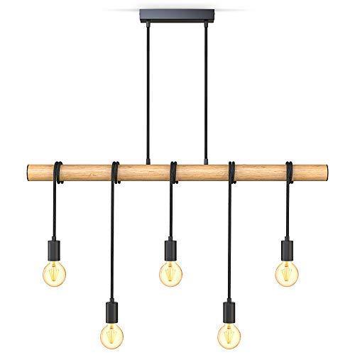 B.K.Licht Lampadario vintage in legno e metallo nero, adatto per 5 lampadine E27 non incluse max 60W, lampada a sospensione retrò per cucina o sala da pranzo - Arredi Casa