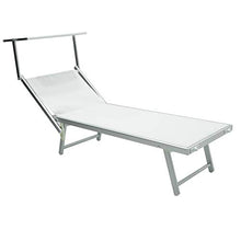 Lettino prendisole pieghevole in alluminio e textilene da esterno, giardino, terrazzo, spiaggia o piscina, con tettuccio e schienale regolabile, colore Bianco