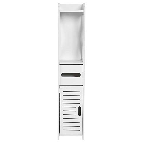 Armadio a Colonna per Bagno, Modern Tower Armadietto Mobiletto Bianco da Bagno Verticalea Pavimento in Legno con Ante e cassetti 80 x 15,5 x 15 cm
