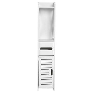 Armadio a Colonna per Bagno, Modern Tower Armadietto Mobiletto Bianco da Bagno Verticalea Pavimento in Legno con Ante e cassetti 80 x 15,5 x 15 cm