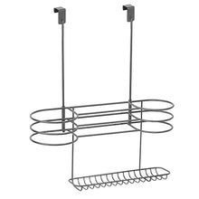 mDesign Porta asciugacapelli con 3 scomparti e un vassoio – Porta oggetti bagno per asciugacapelli e piastre – Contenitore per accessori bagno da appendere alle porte – grigio scuro