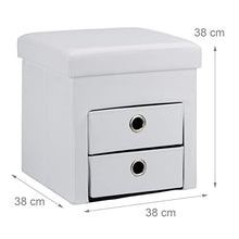 Relaxdays Pouf Contenitore Pieghevole, Scomparto Interno, 2 Cassetti Rimovibili, Cubo, finta pelle, Bianco, H X L X P: 38 x 38 x 38 cm
