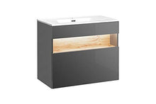 Bahama - Set di mobili da bagno, 4 pezzi, colore: bianco, lavabo 80 cm, illuminazione indiretta, specchio rotondo con illuminazione a LED, tavolo da lavanderia, mobiletto per lavabo, armadio alto
