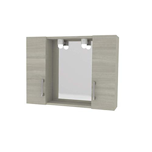 Specchio Bagno da Parete con Luce 80x60 Rovere Grigio con Mesole Contenitore armadietto Due Ante Legno Moderno