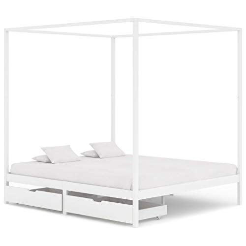 BIGTO - Struttura letto a baldacchino con 2 cassetti in legno di pino massello, mobili per camera da letto, 160 x 200 cm, colore: Bianco
