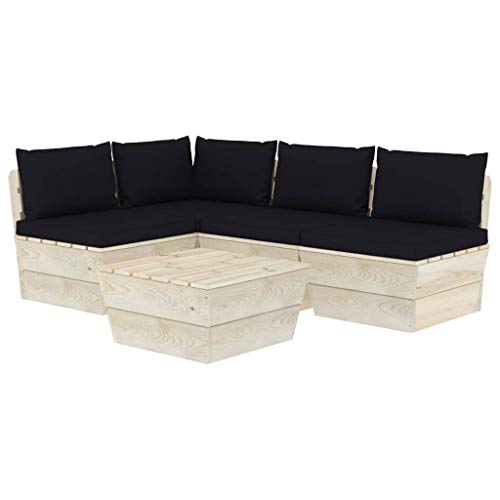 SKM Set Divani da Giardino su Pallet 5 pz con Cuscini Legno Abete (92.5kg) Nero