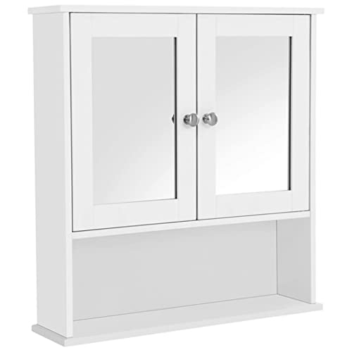 VASAGLE Mobiletto Pensile da Bagno con 2 Ante a Specchio, Armadietto da Parete, Specchio Contenitore con Ripiani Regolabili, 56 x 13 x 58 cm, Bianco LHC002