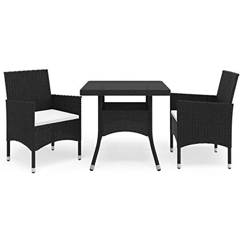 Festnight 3 pz Set Mobili da Pranzo per Giardino, Salotto da Giardino, Tavolo da Giardino con Sedie, in Polyrattan e Vetro Nero