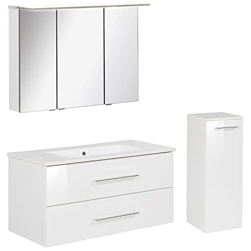 FACKELMANN B.Perfekt - Set di mobili da bagno, 3 pezzi, con mobiletto in ceramica, 100 cm e armadietto a specchio a LED