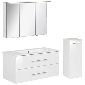 FACKELMANN B.Perfekt - Set di mobili da bagno, 3 pezzi, con mobiletto in ceramica, 100 cm e armadietto a specchio a LED