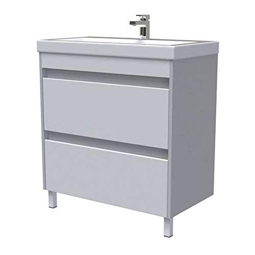 Elean - Lavabo da bagno in ceramica Line, con mobiletto, colore: Bianco lucido + grigio preassemblato, 80 cm