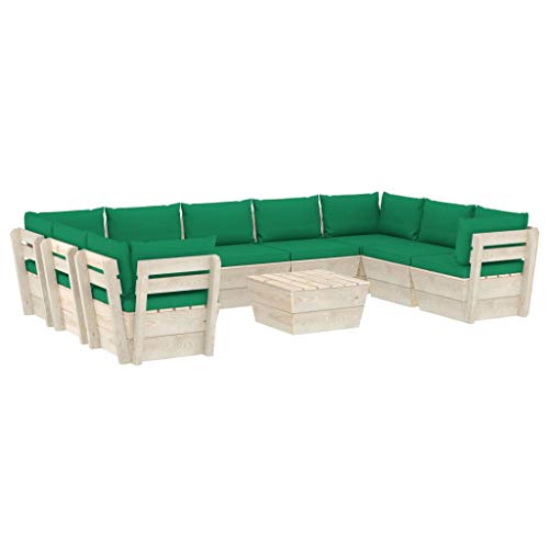 SKM Set Divani da Giardino su Pallet 10 pz con Cuscini Legno Abete (197.9kg) Verde-3629