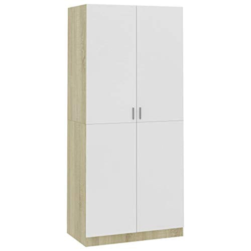 Montloxs Armadio a 2 Ante, Mensola Grande con Barra Appendiabiti, mobili per Camera da Letto, 90x52x200 cm, Bianco e Rovere Sonoma