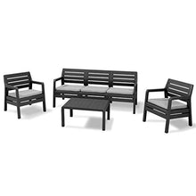 Allibert 224084 Set Lounge, 2 poltrone, 1 Divano a 3 posti, 1 Tavolo Delano, Effetto Legno, plastica, Grafite