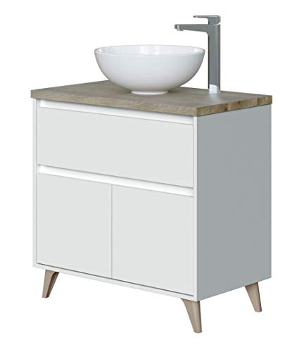 ARKITMOBEL Mobile da Bagno con 2 Ante e 1 cassetto, modulo lavabo, Modello Ona, Finitura Bianca Lucida e Rovere Alaska, Dimensioni: 81 cm (Larghezza) x 80 cm (Altezza) x 46 cm (profondità)