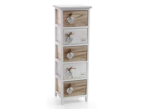 GICOS IMPORT EXPORT SRL Mobile cassettiera in Legno Bianca/Marrone 5 cassetti Decoro Home Cuore 26 * 32 * 98 cm Shabby Chic EDT-793394