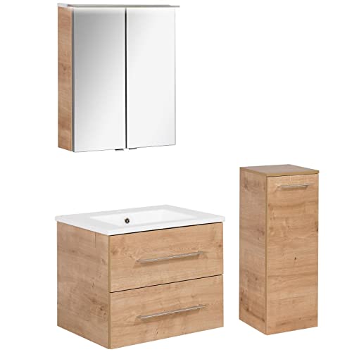 Fackelmann - Set mobili da bagno B.Perfect, 3 pezzi, con mobiletto sottolavello, con lavabo in ceramica da appendere, 60 cm e armadietto a specchio a LED
