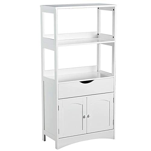 DICTAC Armadietto da Bagno Mobiletto Alto 60 x 30 x 122 cm Libreria Autoportante Armadietto Alto da Bagno con 2 Ripiani Aperti,1Cassetto e Doppia Anta per Bagno,Ingresso,Cucina e Soggiorno,Bianco
