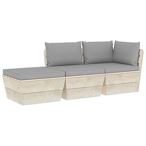 SKM Set Divani da Giardino su Pallet 3 pz con Cuscini Legno Abete (56.1kg) Grigio