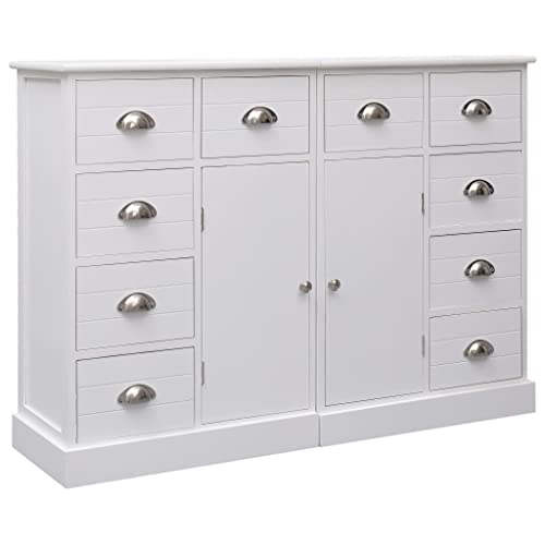 vidaXL Credenza Mobile con 10 Cassetti e Ante Robusta Pratica Tavolino Laterale Salotto Bianca 113x30x79 cm in Legno Pioppo e Paulownia