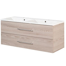 FACKELMANN B.Clever - Set di mobili da bagno, 3 pezzi, 120-150 cm, in frassino con lavabo e vasca in marmo, con specchio a LED