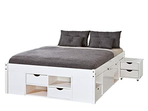 Inter Link Letto matrimoniale con scomparti e cassetti, in vero legno biologico, laccato bianco, larghezza x altezza x profondità: 209 x 48 x 186 cm