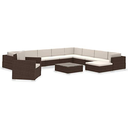 Tidyard Set 12 pz Divani Modulari Angolari da Giardino in Polyrattan Marrone con Cuscini,Set Divani da Esterno in Rattan,Divano Angoalre ad Angolo,Divano Modulare,Divano con Penisola,Poltrona e Divano