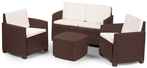 DMORA Set da Giardino J con Cuscini, 1 Divano + 2 Poltrone (con braccioli) + 1 Tavolino Contenitore da Esterno, Made in Italy, Marrone