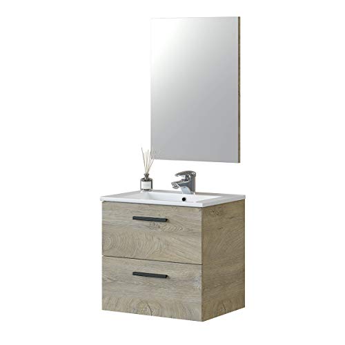 MarinelliGroup Mobile Bagno 60 cm sospeso con lavabo in Ceramica e Specchio con cassetti Rovere Altea