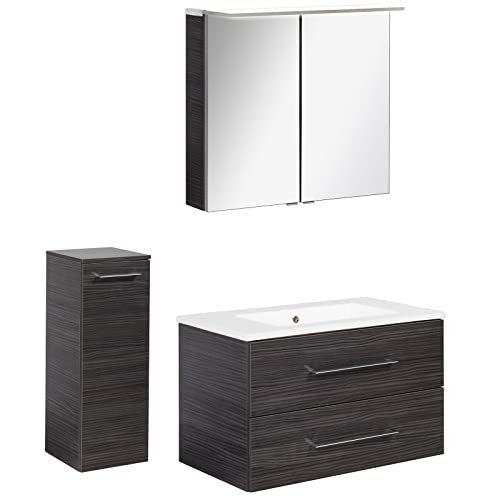 Fackelmann B.Perfect, set di mobili da bagno da 3 pezzi, con mobiletto sottolavello, lavabo in ceramica, 80 cm e armadietto a specchio a LED