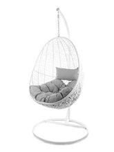 Kideo® Set completo: poltrona sospesa con struttura e cuscino, per interni ed esterni, in rattan sintetico, lounge (telaio e cestino, colore bianco, cuscini: grigio Chester (8008_Cloud))