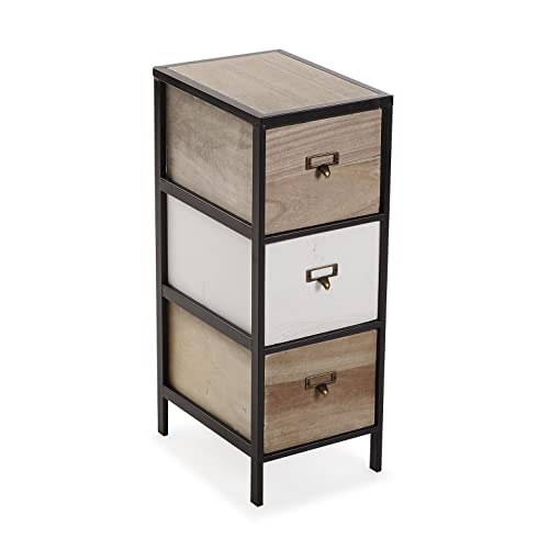 VERSA Rinna Mobile bagno, Mobiletto bagno Salvaspazio, Mobiletti, Cassettiera con 3 cassetti portaoggetti, Misure (A x L x l) 63 x 32 x 26 cm, Legno e metallo, Colore Bianco e marrone