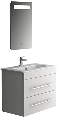 Lavabo in ceramica con rivestimento Nano, mobiletto preassemblato, laccato bianco, specchio con illuminazione a LED, mobili da bagno