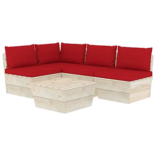 SKM Set Divani da Giardino su Pallet 5 pz con Cuscini Legno Abete (92.5kg) Rosso-3486