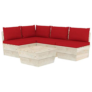 SKM Set Divani da Giardino su Pallet 5 pz con Cuscini Legno Abete (92.5kg) Rosso-3486