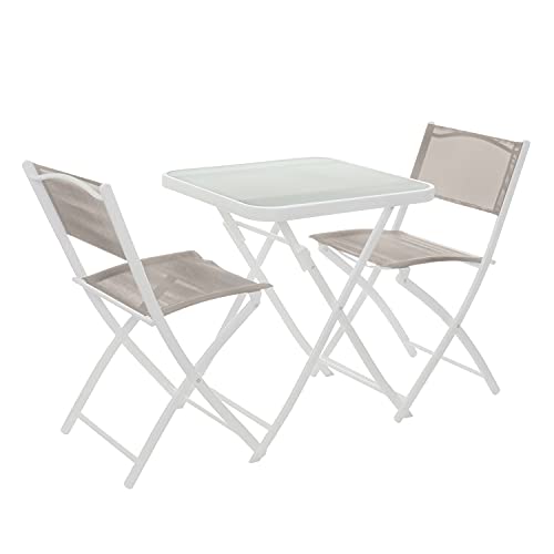 Set tavolo bianco con 2 sedie pieghevoli, in ferro e textilene Bianco