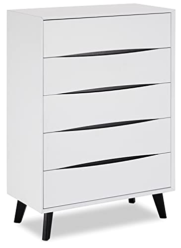 Ibbe Design Cassetti Armadietto Cassettiera Bianco Nero Credenza con 5 Cassetti di Stile Moderno Scandinavo Lyon per Soggiorno Camera da Letto Corridoio, Gambe in Legno Masselo Nero