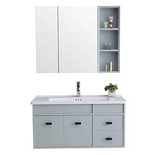 Set di Mobiletti Specchio e Lavabo Mobile da Bagno in Legno Specchio per armadietto Combinazione a Parete Integrata lavabo in Ceramica vanità vanità (Color : Gray, Size : 50x100x52cm)