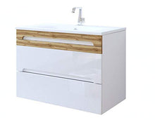 NAKA24 - Set mobili da Bagno Galaxy 80 con lavabo in Ceramica a LED, spedizione Rapida (Set Completo di mobili da Bagno + armadietto Alto, Bianco Lucido/Rovere Opaco)