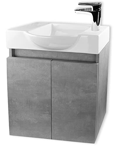 Alpenberger - Lavabo con mobiletto, lavabo e mobiletto da bagno, effetto cemento, per bagno e WC degli ospiti, in ceramica, set completo di mobili da bagno in grigio