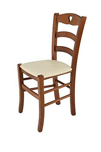 Tommychairs - Sedia modello Cuore per cucina bar e sala da pranzo, robusta struttura in Legno di faggio color noce chiaro e seduta rivestita in pelle artificiale color avorio