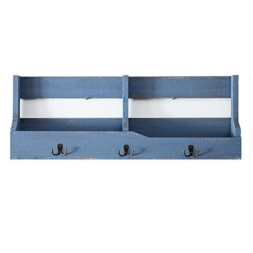 Semplicità Elegante Scaffale Scaffale Sospeso a Parete Scaffali Appendiabiti in Legno Massello Scaffale per Alimentari Deposito Multifunzione Negozio Di Abbigliamento Ristorante, 3 Ganci, HJJ, Blu